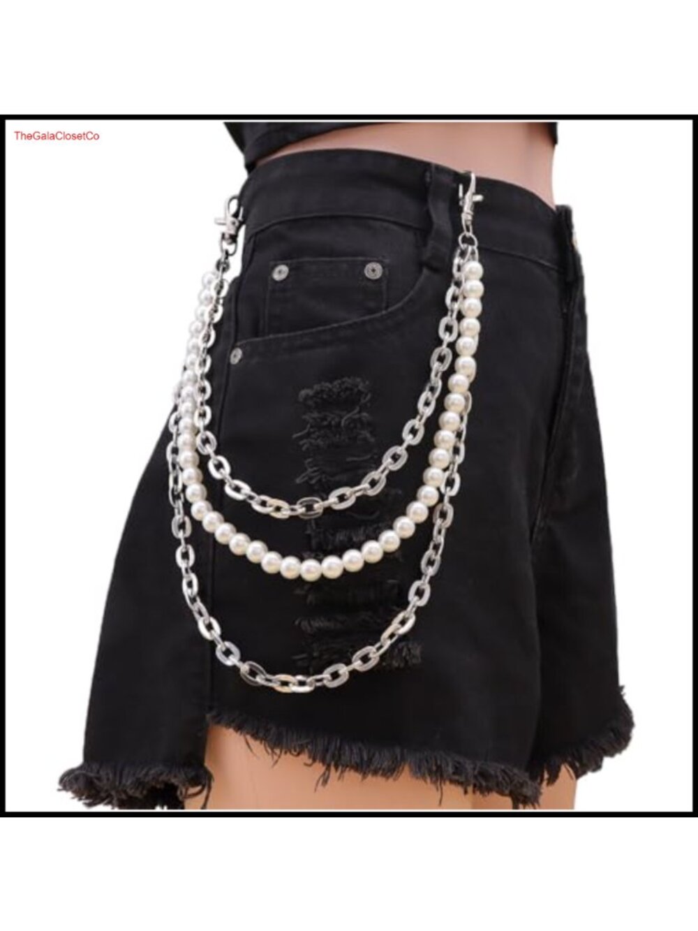 Triple Layer Pearl Hip Hop Pants Chain Belt Loop Clip Lobster Clasp Streetwear
